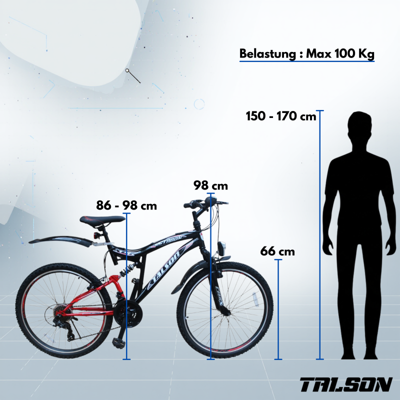 Preview: 26 Zoll Mountainbike mit Vollfederung, StVZO Zubehör und Shimano Kettenschaltung Schwarz-Rot